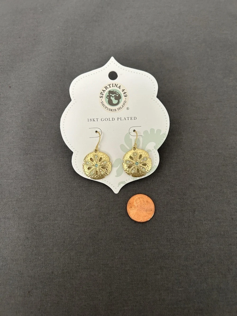 Spartina 449 Gold Sand Dollar Drop Earrings with Aqua Accents - Picture 4 of 4